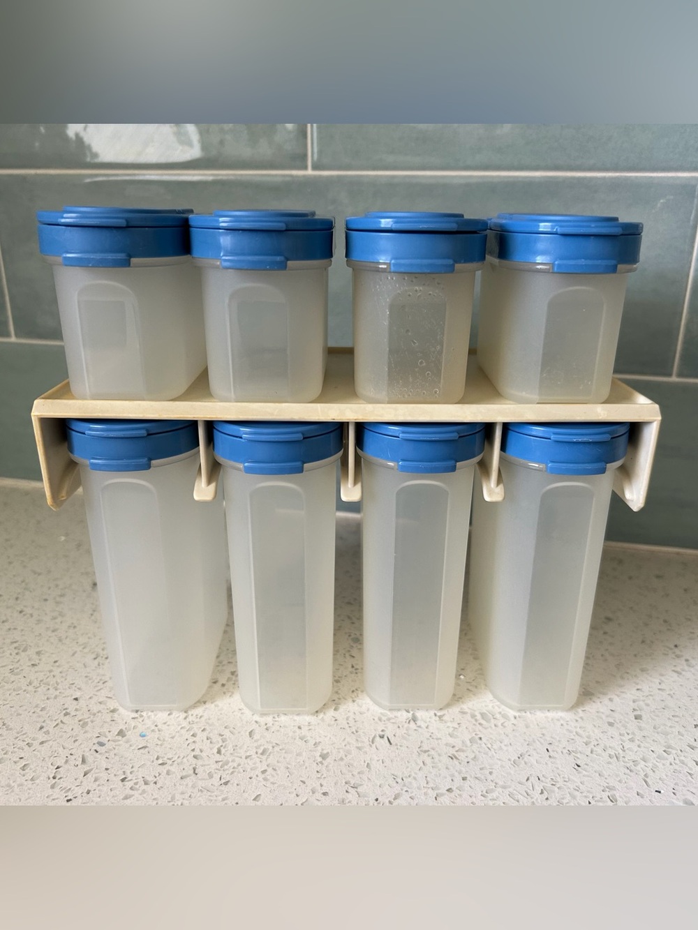 VTG Tupperware Modular Mates Spice Containers/Holder Rack Blue 8 Shakers/lids